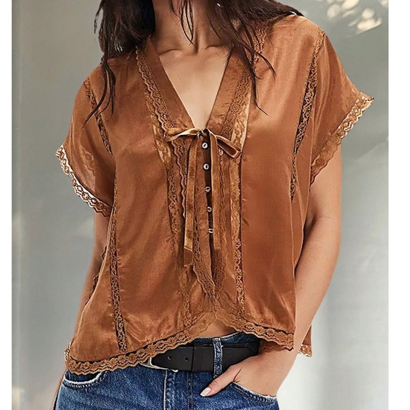 Lace Insert Button Down V neck Loose Fit Satin Blouse - Picture 4 of 6